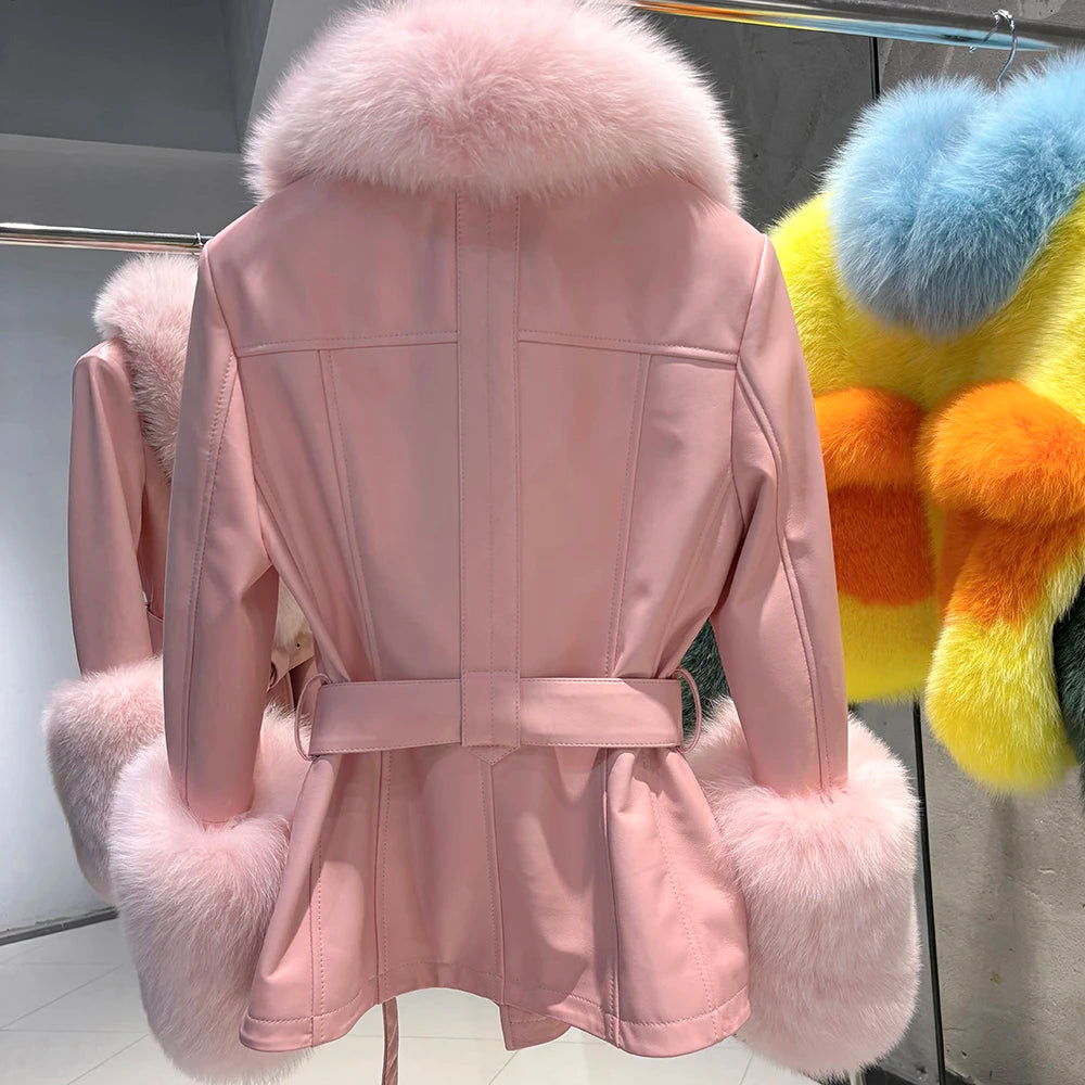Pink coat with fur trim- back