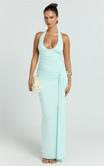 Halter Deep V Neck Draped Ruched Long Dress