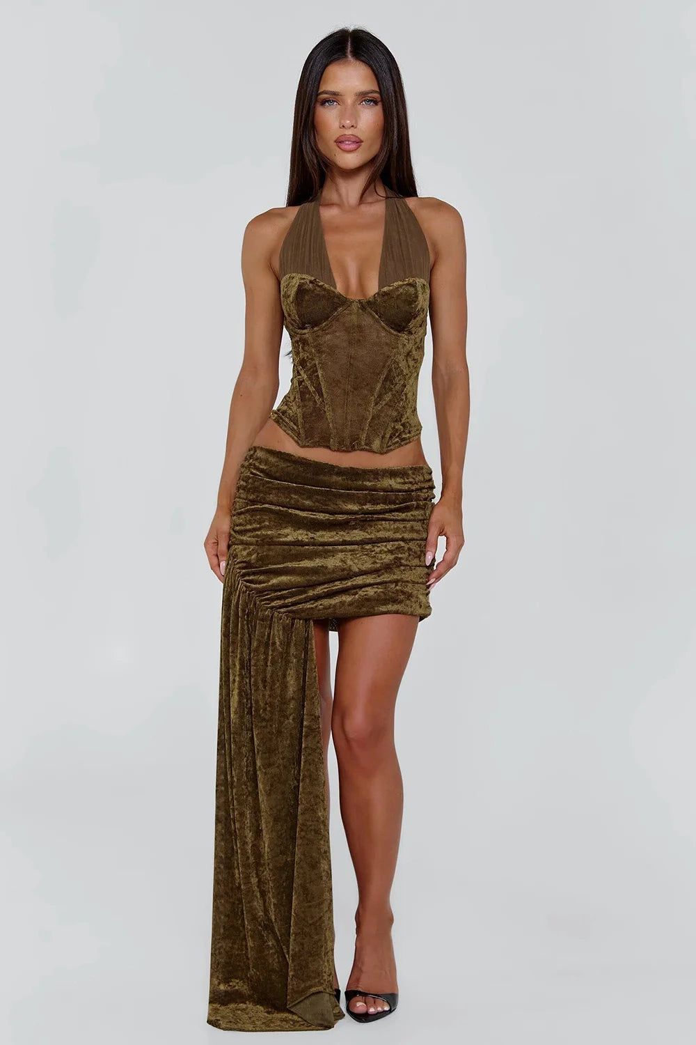 Velvet halter neck corset top and ruched asymmetrical skirt set