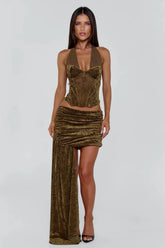 Velvet halter neck corset top and ruched asymmetrical skirt set