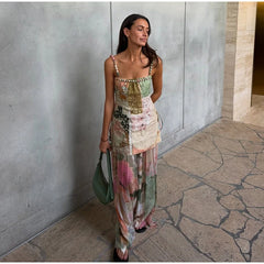 Floral Print Beaded Strap Top and Maxi Skirt Set