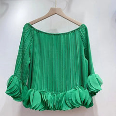 Pleated Off Shoulder Petal Hem Long Sleeve Top
