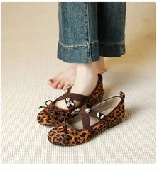 Embroidered Floral & Leopard Print Mary Jane Flats