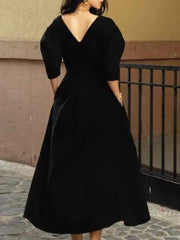 Black V-Neck Puff Sleeve Midi Dress