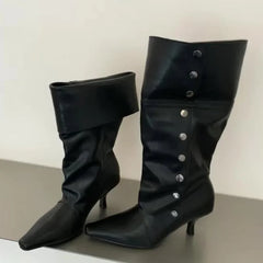 Pointed Toe Button Detail Ankle Boots