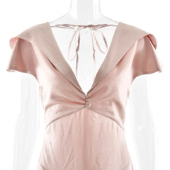 Satin Open Back Tie Up Short Sleeve Maxi Dress