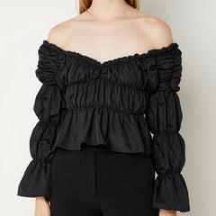 Shirred Ruched Off-Shoulder T-Shirt - Flare Puff Long Sleeve