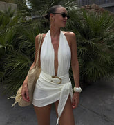 Solid textured one-piece swimsuit with wrap skirt