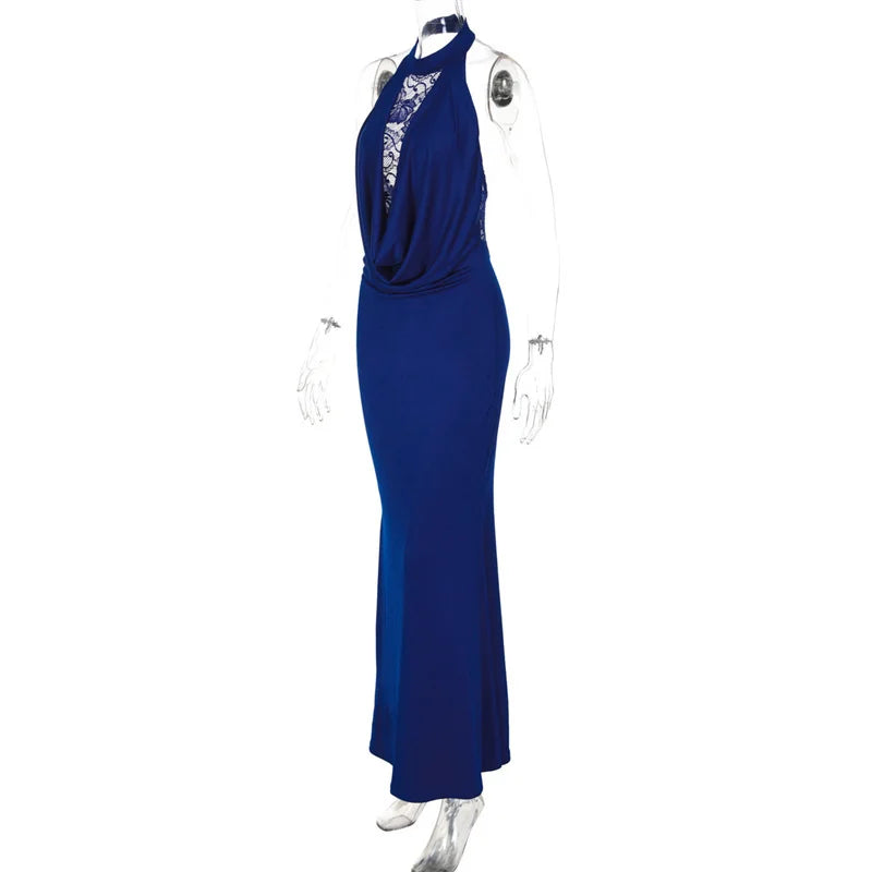 Blue evening gown on a mannequin against a white background