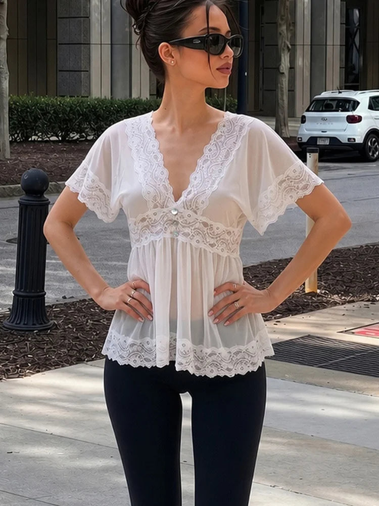 Sheer lace V-neck short sleeve top