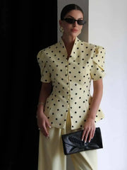 Polka Dot Puff Sleeve Mock Collar Top