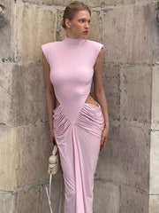 Close-up of pink cutout ruched mock neck sleeveless maxi dress
