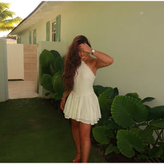 White Halter Pleated Mini Dress