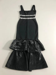 Black Square Neck Pearl Embellished Midi Dress