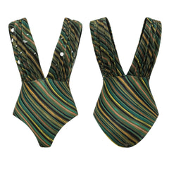 Front and back views of the deep V-neck one-piece swimsuit with shirred detailing and metallic accents.