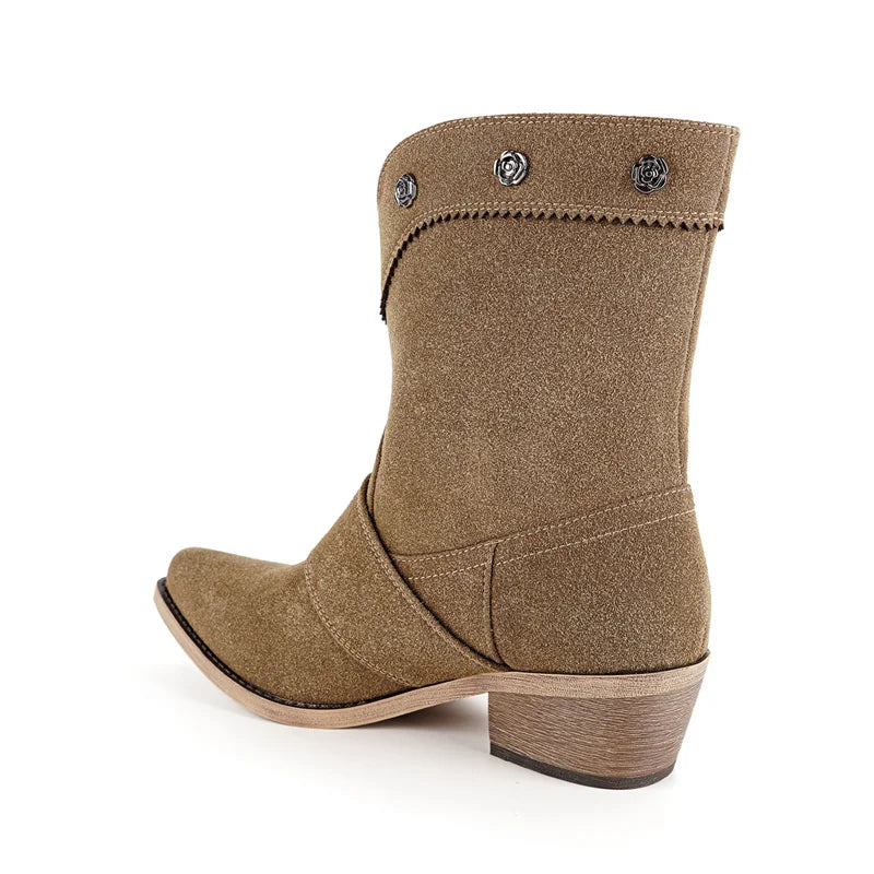 Rear view of pointed toe suede ankle boots
