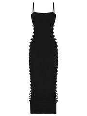 Black dress with lace-up sides on a white background