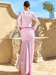 Ruffle Long Sleeve Crop Top and Mesh Midi Patchwork Skirt Set