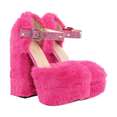 Faux Fur Platform Chunky Heel Sandals