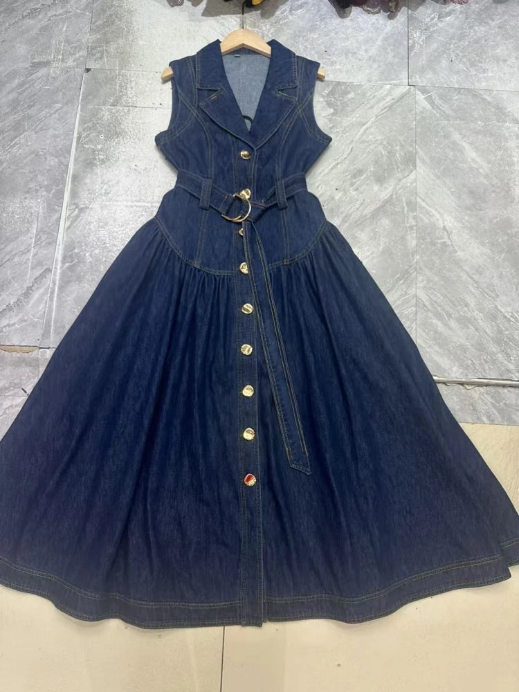 Denim dress with buttons on a tiled floor