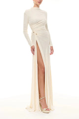 Long sleeve high split maxi dress with draped bodice