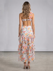 Floral Asymmetrical Cut-Out Ruffle Dress