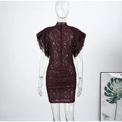 Sheer Mock Neck Lace Mini Dress