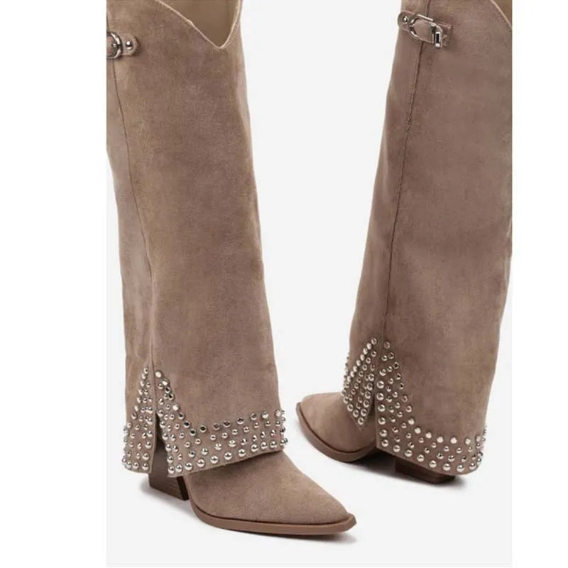 Pair of taupe suede knee-high boots with pointed toe and silver stud embellishments