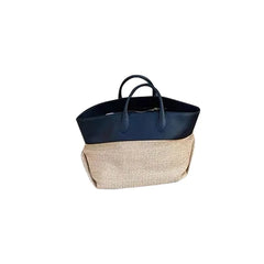 Straw and Leather Colorblock Tote Bag