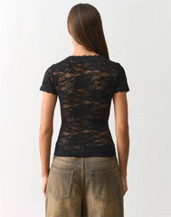 Sheer Lace V-Neck Short Sleeve Top