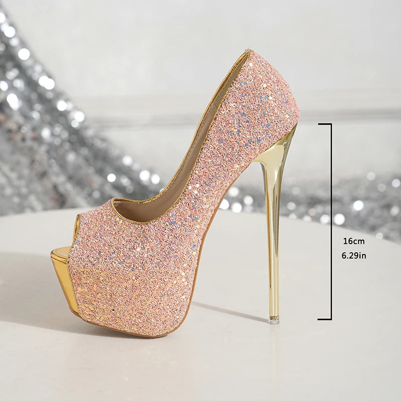 Rose gold glitter high heel shoe with measurements on a blurred glittery background