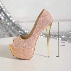 Rose gold glitter high heel shoe with measurements on a blurred glittery background