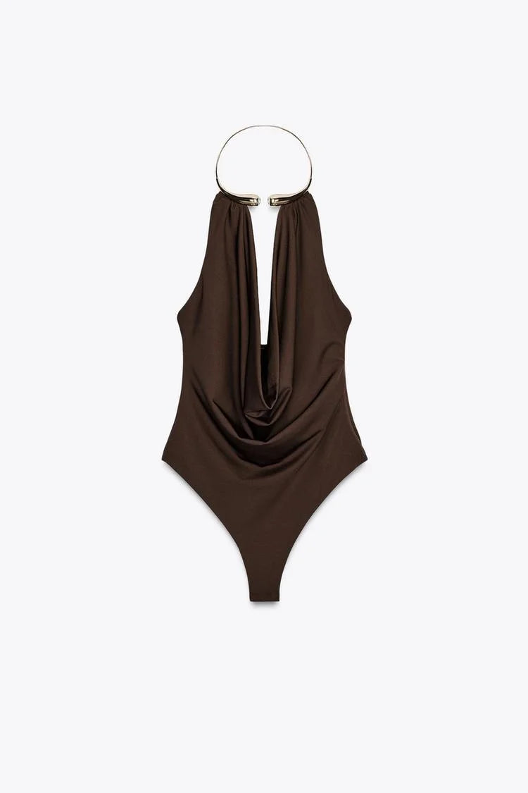 Brown swimsuit with a halter neck design on a white background