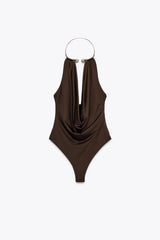 Brown swimsuit with a halter neck design on a white background