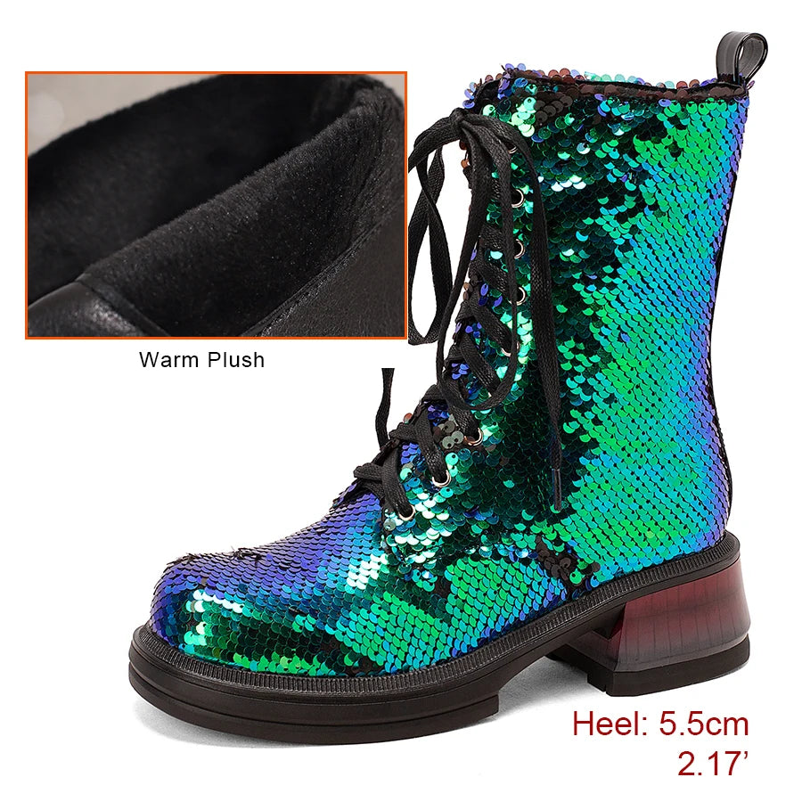 Multicolored sequin boot with warm plush lining and detailed heel measurement.