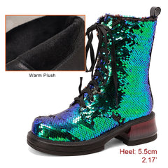 Multicolored sequin boot with warm plush lining and detailed heel measurement.