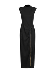 Black sleeveless dress with a zipper on a white background