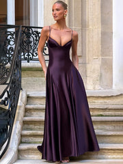 Satin Spaghetti Strap V-Neck Maxi Dress