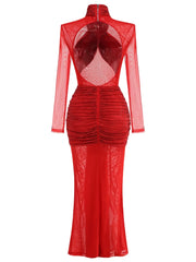 Red Mesh Ruched Rhinestone Gown with Sculpted Column Shape