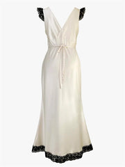 Patchwork Satin Lace Maxi Dress – Elegant V-Neck Evening Gown