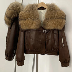 Brown leather jacket with fur hood on a hanger against a white background