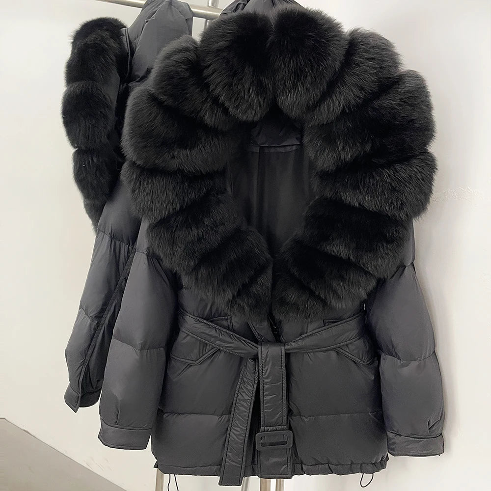 Gray puffer jacket with black fur collar