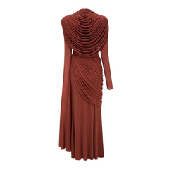 Rust Draped High Neck Long Sleeve Maxi Gown