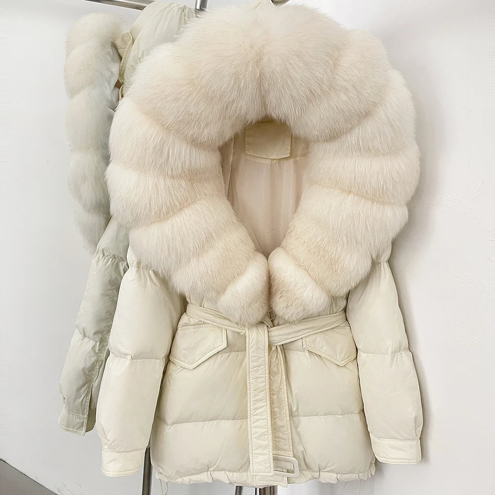 Cream-colored puffer jacket with fur collar