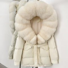 Cream-colored puffer jacket with fur collar