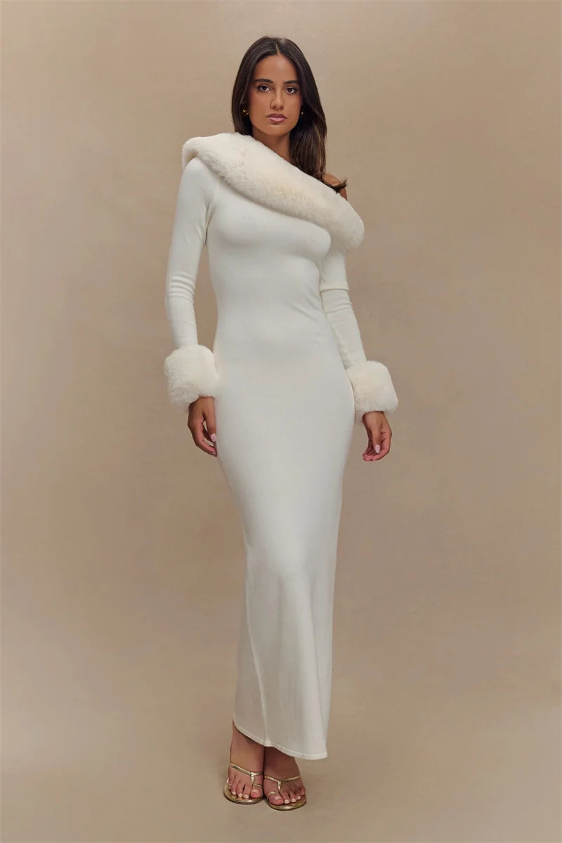 white fur cuff knit maxi dress for evening wear