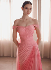 Close-up on bodice details of off shoulder ruched chiffon gown