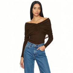 Off Shoulder Pleated Mesh Top