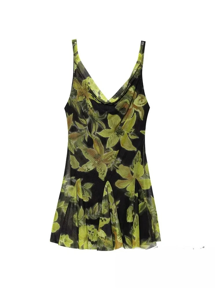 Black and green floral print mesh mini dress with cowl neckline