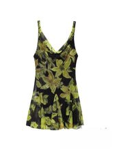 Black and green floral print mesh mini dress with cowl neckline